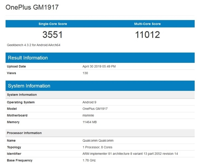 OnePlus 7 Pro появился в базе Geekbench с чипом Snapdragon 855 и 12 Гбайт ОЗУ